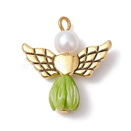 Resin Imitation Pearl Pendants, Rose Angel Charms with Antique Golden Plated Alloy Heart Wings, Yellow Green, 23.5~24x22x6.5mm, Hole: 1.8~2.2mm(PALLOY-JF02565-07)