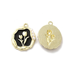 Alloy Enamel Pandants, with ABS Plastic Imitation Pearl, Lead Free & Cadmium Free, Light Gold, Oval with Flower, Black, 23.5x19x4.5mm, Hole: 1.8mm(ENAM-K067-083G-03)