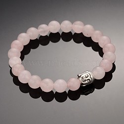 Buddhist Gemstone Beaded Stretch Bracelets, with Alloy Tibetan Style Buddha Beads, Rose Quartz, 2-3/8 inch(5.9cm)(X-BJEW-JB01874-02)