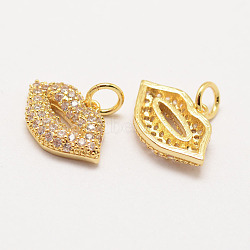 Brass Micro Pave Grade AAA Cubic Zirconia Charms, Long-Lasting Plated, Lip, Cadmium Free & Nickel Free & Lead Free, Clear, Real 18K Gold Plated, 10x15x3mm, Hole: 3mm(X-ZIRC-G090-43G-NR)
