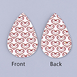 PU Leather Big Pendants, teardrop, with Heart Pattern, For Valentine's Day Jewelry Making, Floral White, 56x37x1.5mm, Hole: 1.2mm(X-FIND-S311-001J)