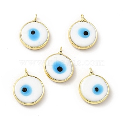 Handmade Evil Eye Lampwork Pendants, with Rack Plating Brass Findings, Long-Lasting Plated, Flat Round, White, 18~19x15~16x4mm, Hole: 2mm(LAMP-F026-05C)