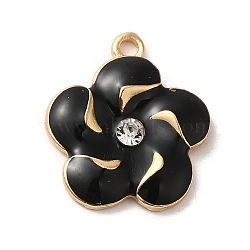 Flower Alloy Enamel Pendants, with Rhinestone, Light Gold, Black, 18x15.5x3mm, Hole: 1.5mm(ENAM-A007-03KCG-03)