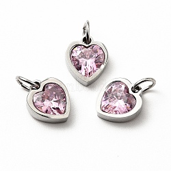 304 Stainless Steel Pendants, with Cubic Zirconia and Jump Rings, Single Stone Charms, Heart, Stainless Steel Color, Pearl Pink, 9x8x3mm, Hole: 3.6mm(STAS-D189-06P-02)