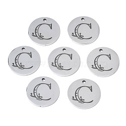 304 Stainless Steel Charms, Laser Cut, Designed Letter Engraved, Flat Round, Stainless Steel Color, Letter.C, 14x1mm, Hole: 1.2mm(STAS-T059-26P-C)
