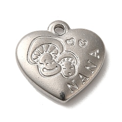 304 Stainless Steel Pendants, Heart with Mushroom Charms, Stainless Steel Color, 16.5x17x3.5mm, Hole: 1.8mm(STAS-R223-02G)