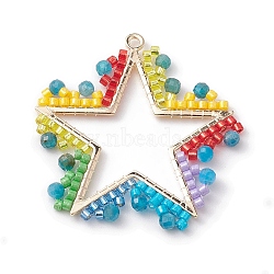 Seed Glass & Apatite Pendant, Star, Golden, Mixed Color, 23x20x6mm, Hole: 2.5mm(PALLOY-MZ00238)