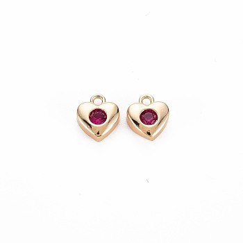 Brass Micro Pave Cubic Zirconia Charms, Heart, Nickel Free, Real 18K Gold Plated, Fuchsia, 8x7x2.5mm, Hole: 1.2mm
