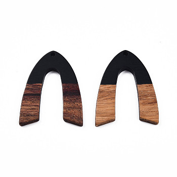 Opaque Resin & Walnut Wood Pendants, V Shape Charm, Black, 38x29x3mm, Hole: 2mm