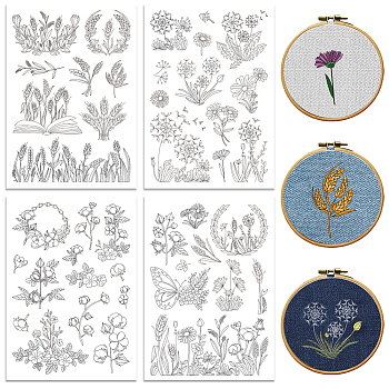 4 Sheets 11.6x8.2 Inch Stick and Stitch Embroidery Patterns, Non-woven Fabrics Water Soluble Embroidery Stabilizers, Plants, 297x210mmm