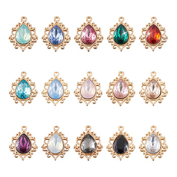 30Pcs 15 Colors Resin Rhinestone Pendants, with Light Gold Alloy Findings, Teardrop, Mixed Color, 24.5x19x5mm, Hole: 2mm, 2pcs/color
