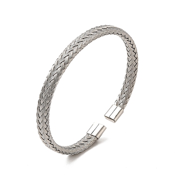 304 Stainless Steel Flat Mesh Chain Shape Open Cuff Bangle for Women, Stainless Steel Color, Inner Diameter: 1-7/8x2-3/8 inch(4.9x6.05cm) 