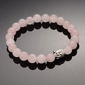 Buddhist Gemstone Beaded Stretch Bracelets, with Alloy Tibetan Style Buddha Beads, Rose Quartz, 2-3/8 inch(5.9cm)