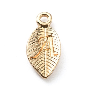 Alloy Pendants, Leaf with Letter Charm, Light Gold, Letter.A, 15.5x7.5x2.5mm, Hole: 1.5mm