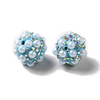 Polymer Clay Rhinestone Beads, with Imitation Pearl, Round, Light Sky Blue, 17~17.5mmx17mm, Hole: 1.6mm