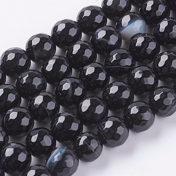 Natural Black Striped Agate/Banded Agate Beads Strands, Faceted, Dyed, Round, Black, 8mm, Hole: 1mm, about 48pcs/strand, 15 inch