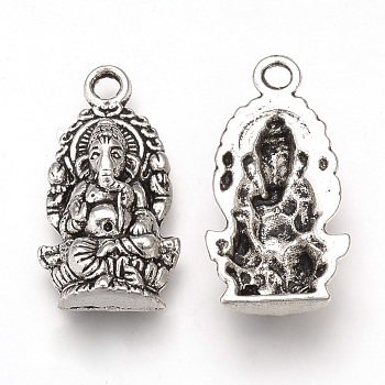 Tibetan Style Alloy Pendants, Hindu Elephant God Lord Ganesh Statue, Cadmium Free & Lead Free, Antique Silver, 26.5x14x5mm, Hole: 2mm, about 445pcs/1000g