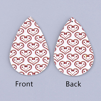 PU Leather Big Pendants, teardrop, with Heart Pattern, For Valentine's Day Jewelry Making, Floral White, 56x37x1.5mm, Hole: 1.2mm