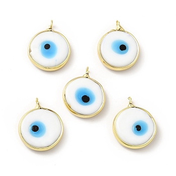 Handmade Evil Eye Lampwork Pendants, with Rack Plating Brass Findings, Long-Lasting Plated, Flat Round, White, 18~19x15~16x4mm, Hole: 2mm
