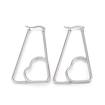 201 Stainless Steel Hoop Earrings, with 304 Stainless Steel Pin, Hypoallergenic Earrings, Triangle with Heart, Stainless Steel Color, 46.5x30x1.9mm, Pin: 0.8mm