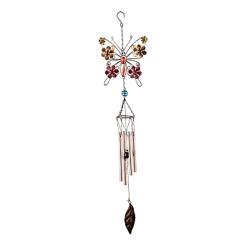 Iron Wind Chimes, Small Wind Bells Handmade Pendants, with Brass Tubes, Glass Rhinestone and Acrylic Beads, Butterfly, Colorful, 900mm