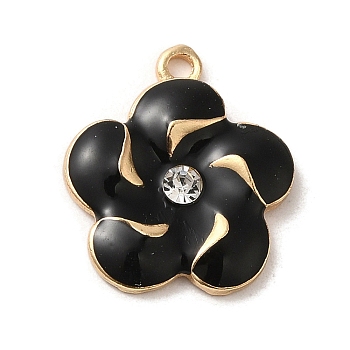 Flower Alloy Enamel Pendants, with Rhinestone, Light Gold, Black, 18x15.5x3mm, Hole: 1.5mm