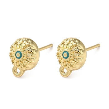Flat Round Brass Stud Earrings Findings, with Enamel & Horizontal Loops, Long-Lasting Plated, Lead Free & Cadmium Free, Real 18K Gold Plated, 10.5x8mm, Hole: 1.2mm, Pin: 0.8mm