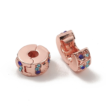Alloy European Clasps, with Colorful Rhinestone, Flat Round, Rose Gold, 11x5.5mm, Hole: 3.2mm