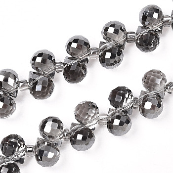 Electroplate Transparent Glass Beads Strands, Pearl Luster Plated, Faceted, Teardrop, Gray, 6x5x5mm, Hole: 0.8mm, about 108pcs/strand, 16.14''(41cm)