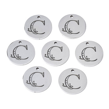 304 Stainless Steel Charms, Laser Cut, Designed Letter Engraved, Flat Round, Stainless Steel Color, Letter.C, 14x1mm, Hole: 1.2mm