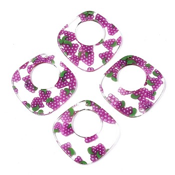 Transparent Clear Cellulose Acetate(Resin) Pendants, Printed, Rhombus with Grape, Grape Pattern, 36x35x2.5mm, Hole: 1.4mm