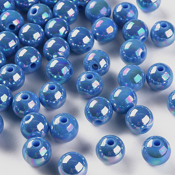Opaque Acrylic Beads, AB Color Plated, Round, Royal Blue, 10x9mm, Hole: 2mm, about 940pcs/500g