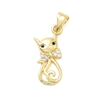 Brass Micro Pave Cubic Zirconia Pendants, Cadmium Free & Lead Free, Rack Plating, Long-Lasting Plated, Real 18K Gold Plated, Cat Shape, 21x10x2.5mm, Hole: 5x3.5mm