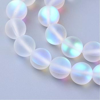 Synthetic Moonstone Beads Strands, Holographic Beads, Dyed, Frosted, Round, Clear, 10mm, Hole: 1mm, about 36~39pcs/strand, 14~15 inch