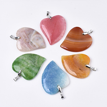 Natural Agate Pendants, with Platinum Plated Brass Pinch Bails, Dyed, Heart, Mixed Color, 45~46x40~43x5~8mm, Hole: 4x5mm