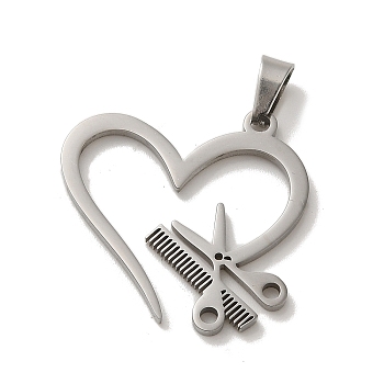304 Stainless Steel Pendants, Laser Cut, Heart with Scissors & Comb Charm, Stainless Steel Color, 23x23.5x1.5mm, Hole: 6x3mm