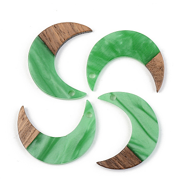 Opaque Resin & Walnut Wood Pendants, Moon, Green, 28x22x3mm, Hole: 2mm