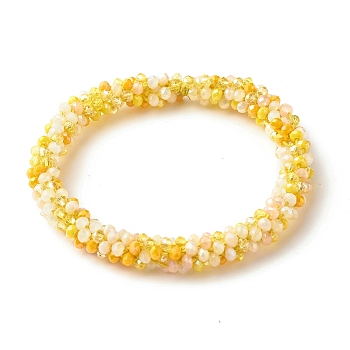 Bling Glass Beads Braided Stretch Bracelet, Crochet Glass Beads Nepal Bracelet for Women, Yellow, Inner Diameter: 1-7/8 inch(4.8cm)