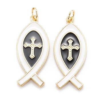 Real 18K Gold Plated Brass Pendants, with Enamel, Long-Lasting Plated, Christian Ichthys Ichthus with Cross, White, 30.5x12.5x1.5mm, Jump Ring: 5x0.7mm, 3.6mm inner diameter