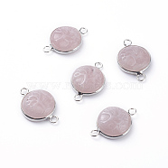 Natural Rose Quartz Links connectors, with Platinum Tone Brass Cabochon Connector Settings, Flat Round with Tree, 23~24x15~16x5~6mm, Hole: 2.5mm(G-G807-F04)