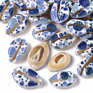 Printed Natural Cowrie Shell Beads, No Hole/Undrilled, with Marine Organism Pattern, Cornflower Blue, 18~21x12~15x7mm(X-SSHEL-R047-01-D06)