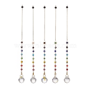 Mixed Natural Gemstone Drowsing Pendulums with Chakra Handmade Lampwork Evil Eye & Brass Sun, Faceted Glass Big Pendants, Teardrop, 247mm, Hole: 2.4mm(PALLOY-JF01974)