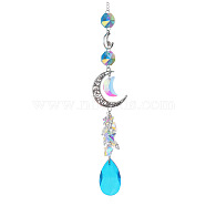 Glass Moon Hanging Suncatcher Pendant Decoration, Teardrop Crystal Ceiling Chandelier Ball Prism Pendants, with Alloy & Iron Findings, Dark Turquoise, 420~430mm(DJEW-PW0008-10E)