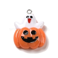 Opaque Resin Pendants, Halloween Charms with Platinum Tone Alloy Loops, White, Pumpkin with Ghost, 28x26.5x8mm, Hole: 1.5mm(RESI-K020-04C-02)