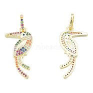Brass Micro Pave Colorful Cubic Zirconia Pendants, Nickel Free, Bird, Real 18K Gold Plated, 26.5x13x2.5mm, Hole: 3x5mm(ZIRC-N039-259)