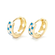 Tartan Pattern Enamel Chunky Hinged Huggie Hoop Earrings for Women, Real 18K Gold Plated Brass Jewelry, Cadmium Free & Nickel Free & Lead Free, Light Blue, 13x4mm, Pin: 1mm(EJEW-P196-22G-03)