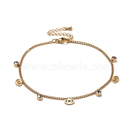 Crystal Rhinestone and Eye Shape Charm Anklet for Women, 304 Stainelss Steel Anklet, Golden, 8.46 inch(21.5cm)(STAS-D454-06G)