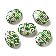 Handmade Printed Porcelain Beads, Oval with Triangle Pattern, Lime Green, 18x14.5x5mm, Hole: 1.6mm(PORC-F005-01B)