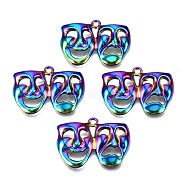 Alloy Comedy and Tragedy Pendants, Cadmium Free & Nickel Free & Lead Free, Mardi Gras Charms, Drama Mask, Rainbow Color, 22.5x30x4mm, Hole: 1.8mm(PALLOY-N163-047-NR)