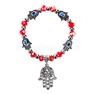 Lampwork Evil Eye & Glass Beaded Stretch Bracelet with Alloy Hamsa Hand Charm for Women, Red, 7-1/2 inch(19cm)(RELI-PW0001-036B)